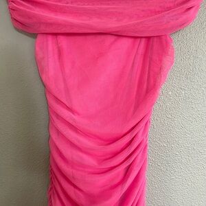 BEBE OFF SHOULDER MESH RUCHED DRESS